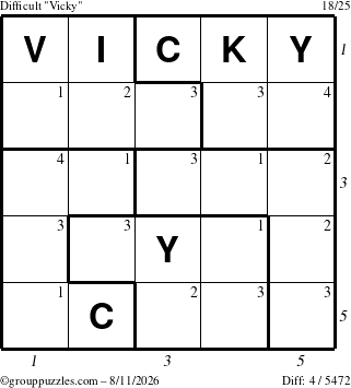 The grouppuzzles.com Difficult Vicky puzzle for Tuesday August 11, 2026 with all 4 steps marked