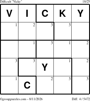 The grouppuzzles.com Difficult Vicky puzzle for Tuesday August 11, 2026 with the first 3 steps marked