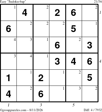 The grouppuzzles.com Easy Sudoku-6up puzzle for Tuesday August 11, 2026, suitable for printing, with all 4 steps marked