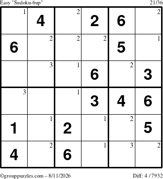 The grouppuzzles.com Easy Sudoku-6up puzzle for Tuesday August 11, 2026 with the first 3 steps marked