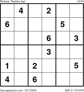 The grouppuzzles.com Medium Sudoku-6up puzzle for Tuesday August 11, 2026