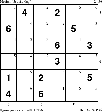The grouppuzzles.com Medium Sudoku-6up puzzle for Tuesday August 11, 2026 with all 6 steps marked