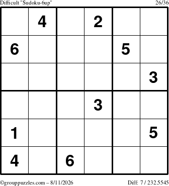 The grouppuzzles.com Difficult Sudoku-6up puzzle for Tuesday August 11, 2026