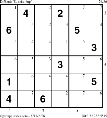 The grouppuzzles.com Difficult Sudoku-6up puzzle for Tuesday August 11, 2026, suitable for printing, with all 7 steps marked