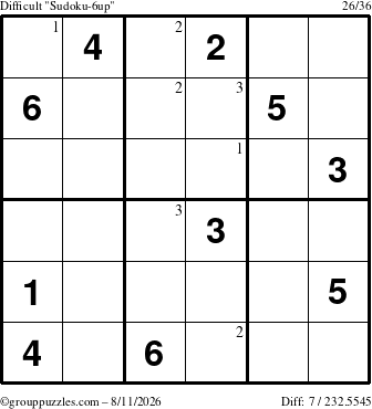 The grouppuzzles.com Difficult Sudoku-6up puzzle for Tuesday August 11, 2026 with the first 3 steps marked