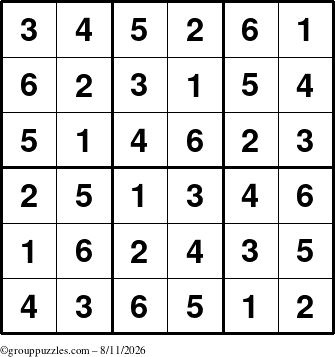 The grouppuzzles.com Answer grid for the Sudoku-6up puzzle for Tuesday August 11, 2026