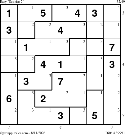 The grouppuzzles.com Easy Sudoku-7 puzzle for Tuesday August 11, 2026 with all 4 steps marked