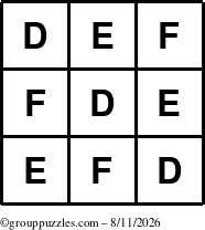 The grouppuzzles.com Answer grid for the TicTac-DEF puzzle for Tuesday August 11, 2026