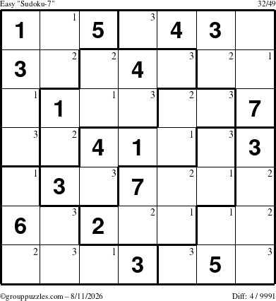 The grouppuzzles.com Easy Sudoku-7 puzzle for Tuesday August 11, 2026 with the first 3 steps marked