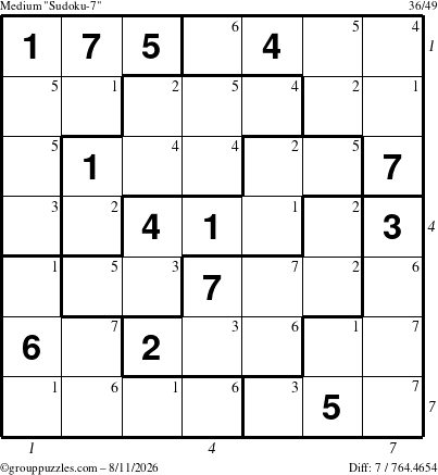 The grouppuzzles.com Medium Sudoku-7 puzzle for Tuesday August 11, 2026 with all 7 steps marked
