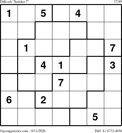 The grouppuzzles.com Difficult Sudoku-7 puzzle for Tuesday August 11, 2026