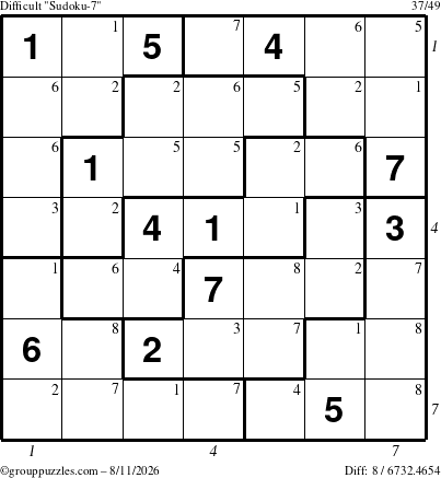 The grouppuzzles.com Difficult Sudoku-7 puzzle for Tuesday August 11, 2026 with all 8 steps marked