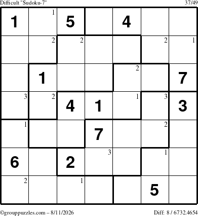 The grouppuzzles.com Difficult Sudoku-7 puzzle for Tuesday August 11, 2026 with the first 3 steps marked