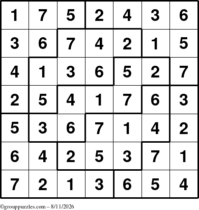 The grouppuzzles.com Answer grid for the Sudoku-7 puzzle for Tuesday August 11, 2026