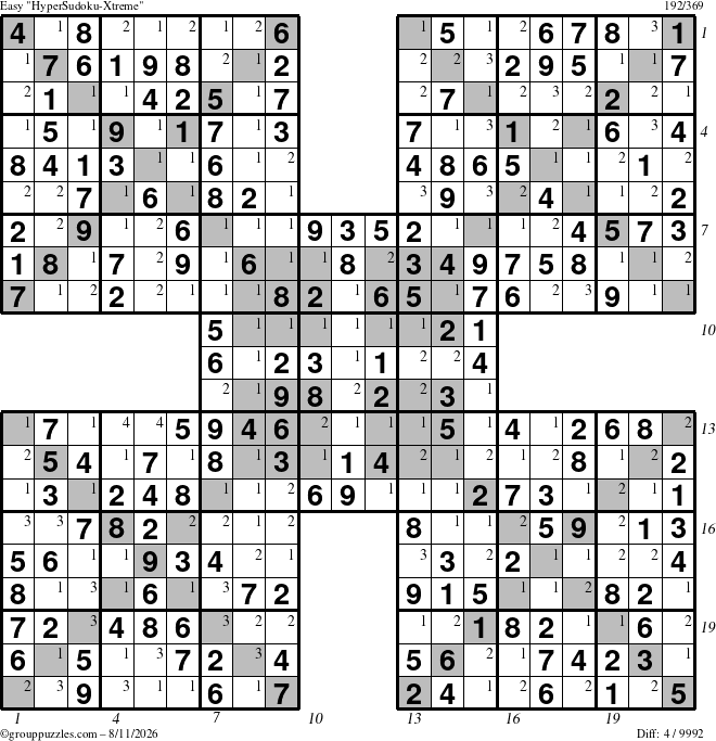 The grouppuzzles.com Easy HyperSudoku-Xtreme puzzle for Tuesday August 11, 2026, suitable for printing, with all 4 steps marked