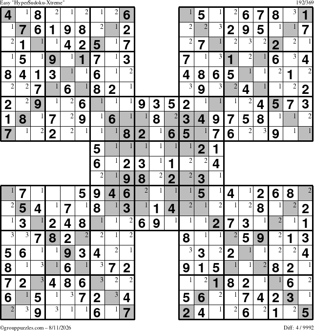 The grouppuzzles.com Easy HyperSudoku-Xtreme puzzle for Tuesday August 11, 2026 with the first 3 steps marked