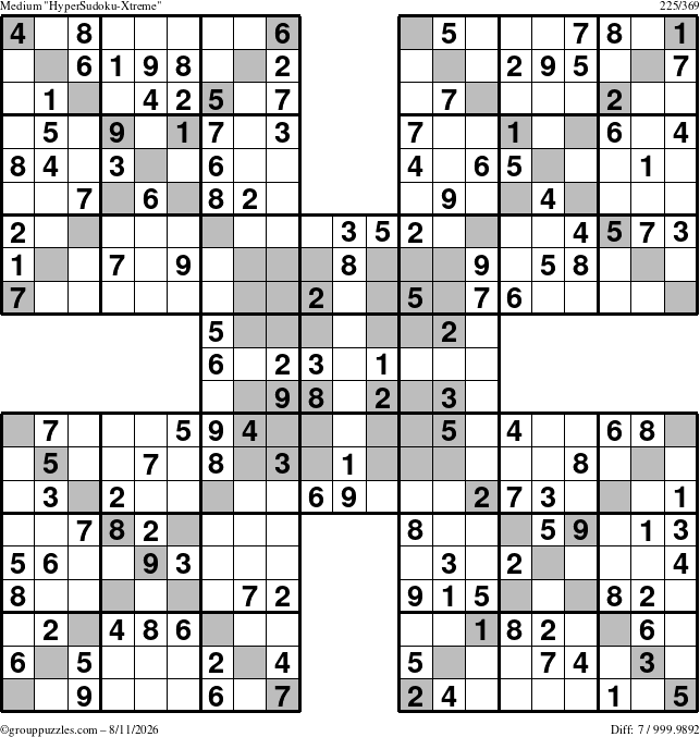 The grouppuzzles.com Medium HyperSudoku-Xtreme puzzle for Tuesday August 11, 2026