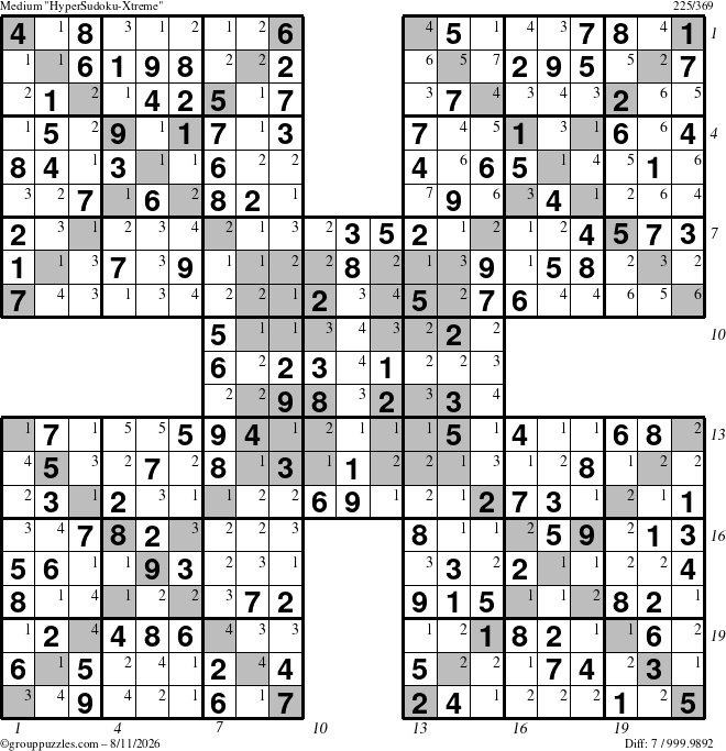 The grouppuzzles.com Medium HyperSudoku-Xtreme puzzle for Tuesday August 11, 2026 with all 7 steps marked