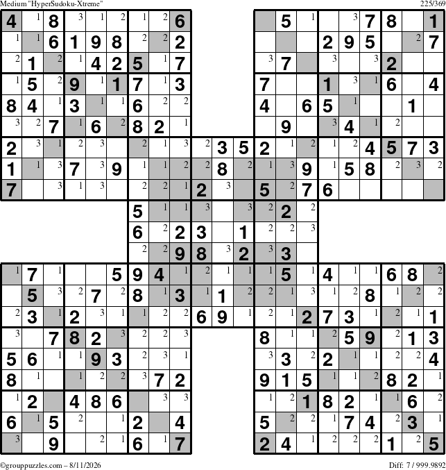 The grouppuzzles.com Medium HyperSudoku-Xtreme puzzle for Tuesday August 11, 2026 with the first 3 steps marked