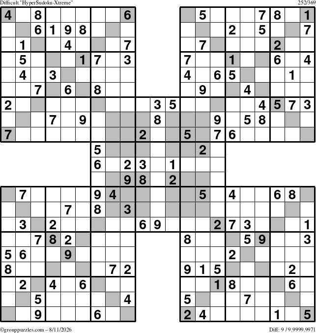 The grouppuzzles.com Difficult HyperSudoku-Xtreme puzzle for Tuesday August 11, 2026