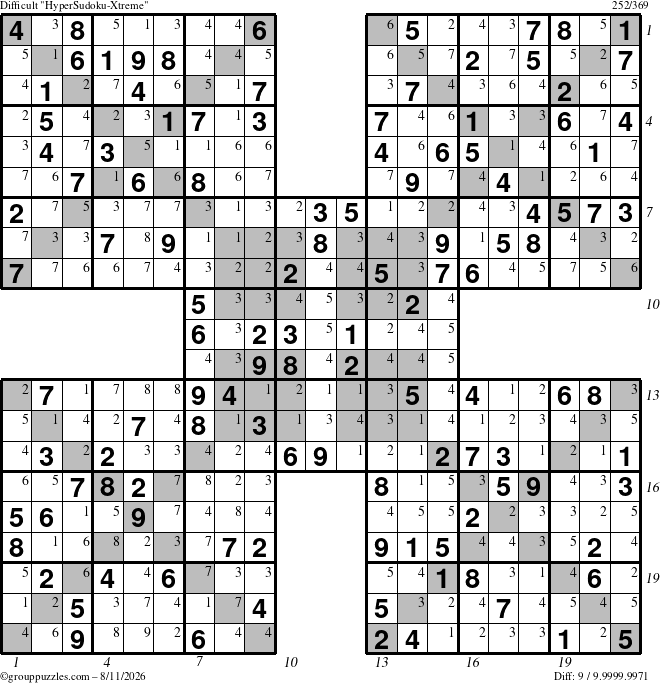 The grouppuzzles.com Difficult HyperSudoku-Xtreme puzzle for Tuesday August 11, 2026 with all 9 steps marked
