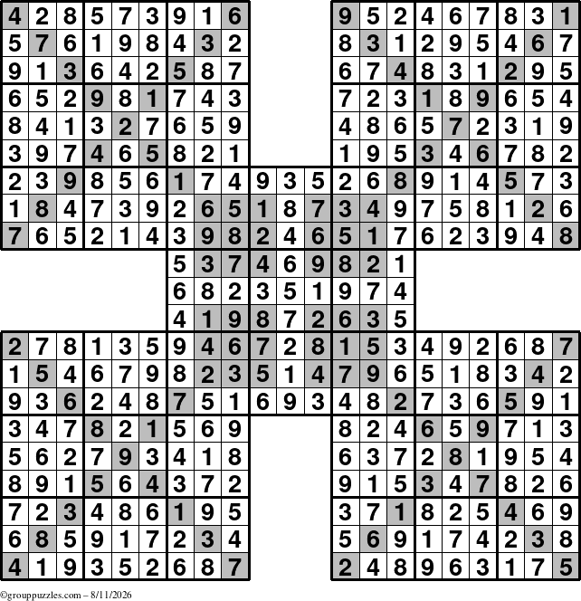The grouppuzzles.com Answer grid for the HyperSudoku-Xtreme puzzle for Tuesday August 11, 2026