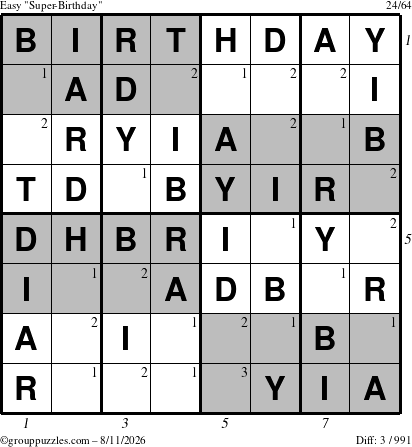 The grouppuzzles.com Easy Super-Birthday puzzle for Tuesday August 11, 2026 with all 3 steps marked