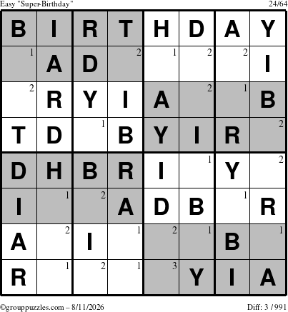 The grouppuzzles.com Easy Super-Birthday puzzle for Tuesday August 11, 2026 with the first 3 steps marked