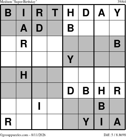 The grouppuzzles.com Medium Super-Birthday puzzle for Tuesday August 11, 2026