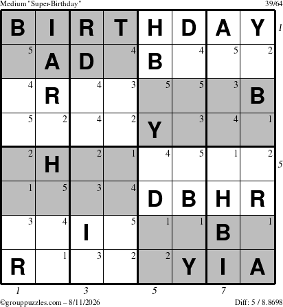 The grouppuzzles.com Medium Super-Birthday puzzle for Tuesday August 11, 2026, suitable for printing, with all 5 steps marked