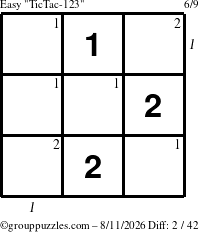 The grouppuzzles.com Easy TicTac-123 puzzle for Tuesday August 11, 2026, suitable for printing, with all 2 steps marked
