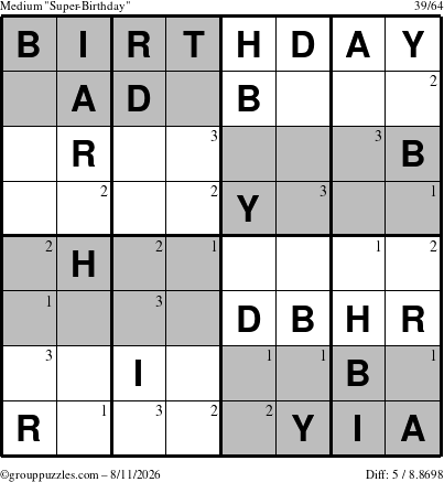 The grouppuzzles.com Medium Super-Birthday puzzle for Tuesday August 11, 2026 with the first 3 steps marked