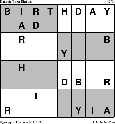 The grouppuzzles.com Difficult Super-Birthday puzzle for Tuesday August 11, 2026