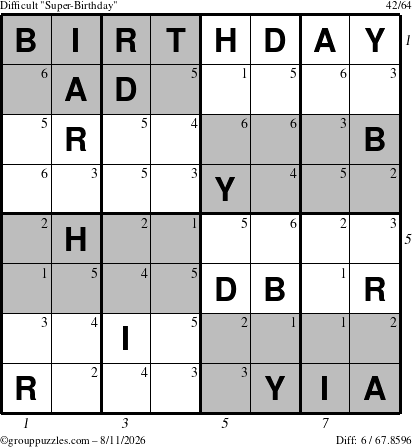 The grouppuzzles.com Difficult Super-Birthday puzzle for Tuesday August 11, 2026 with all 6 steps marked