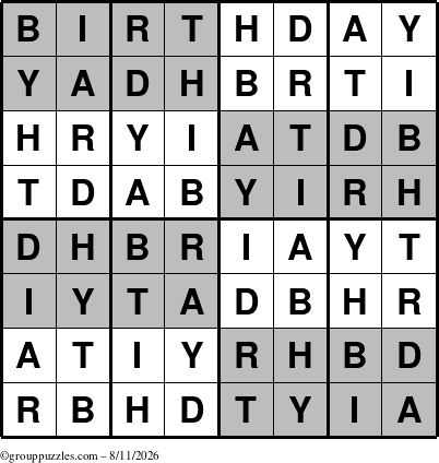 The grouppuzzles.com Answer grid for the Super-Birthday puzzle for Tuesday August 11, 2026