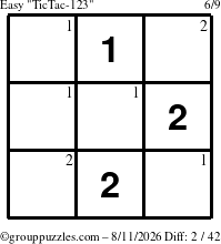 The grouppuzzles.com Easy TicTac-123 puzzle for Tuesday August 11, 2026 with the first 2 steps marked