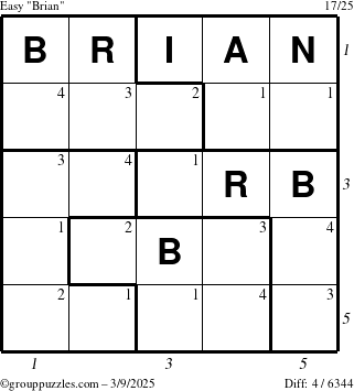 The grouppuzzles.com Easy Brian puzzle for Sunday March 9, 2025 with all 4 steps marked