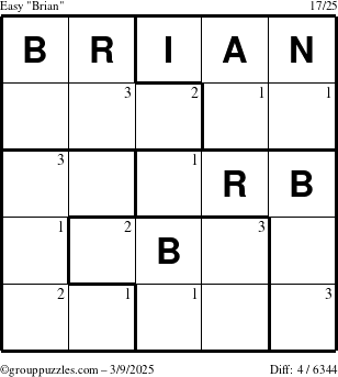 The grouppuzzles.com Easy Brian puzzle for Sunday March 9, 2025 with the first 3 steps marked