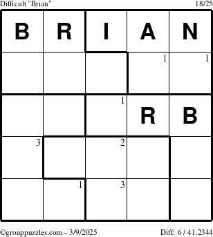 The grouppuzzles.com Difficult Brian puzzle for Sunday March 9, 2025 with the first 3 steps marked