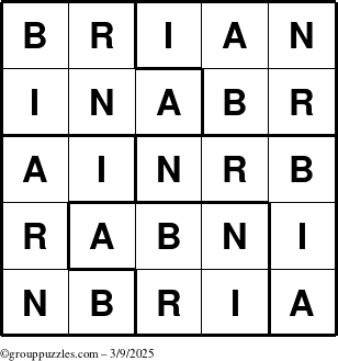 The grouppuzzles.com Answer grid for the Brian puzzle for Sunday March 9, 2025