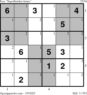 The grouppuzzles.com Easy SuperSudoku-Junior puzzle for Sunday March 9, 2025 with all 3 steps marked