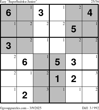 The grouppuzzles.com Easy SuperSudoku-Junior puzzle for Sunday March 9, 2025 with the first 3 steps marked