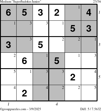 The grouppuzzles.com Medium SuperSudoku-Junior puzzle for Sunday March 9, 2025 with all 5 steps marked