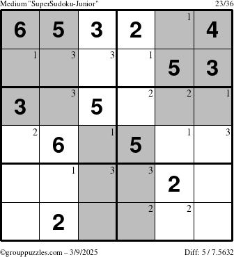 The grouppuzzles.com Medium SuperSudoku-Junior puzzle for Sunday March 9, 2025 with the first 3 steps marked