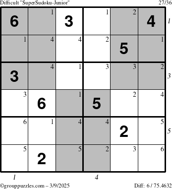 The grouppuzzles.com Difficult SuperSudoku-Junior puzzle for Sunday March 9, 2025 with all 6 steps marked