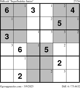 The grouppuzzles.com Difficult SuperSudoku-Junior puzzle for Sunday March 9, 2025 with the first 3 steps marked