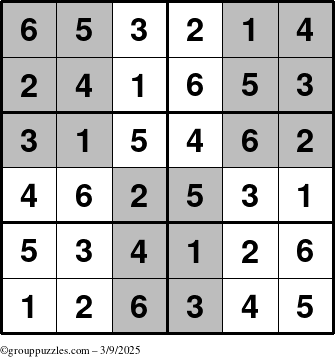 The grouppuzzles.com Answer grid for the SuperSudoku-Junior puzzle for Sunday March 9, 2025