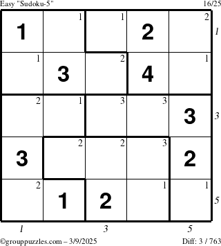 The grouppuzzles.com Easy Sudoku-5 puzzle for Sunday March 9, 2025 with all 3 steps marked