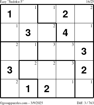 The grouppuzzles.com Easy Sudoku-5 puzzle for Sunday March 9, 2025 with the first 3 steps marked