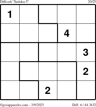 The grouppuzzles.com Difficult Sudoku-5 puzzle for Sunday March 9, 2025